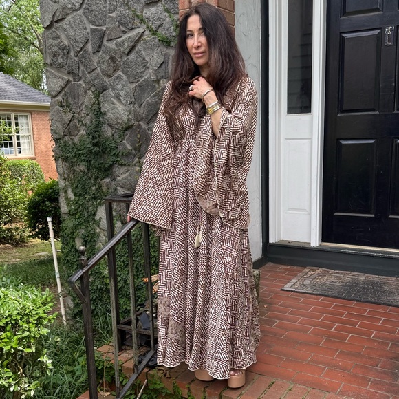 SILK BLEND BOHO Geometric Patterned Brown Maxi Dress - Picture 4 of 8